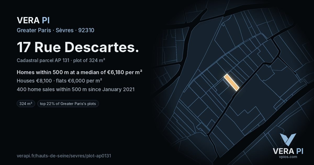 17 Rue Descartes, Sèvres at night – the plot lit, the parcels around coloured by the prices near them