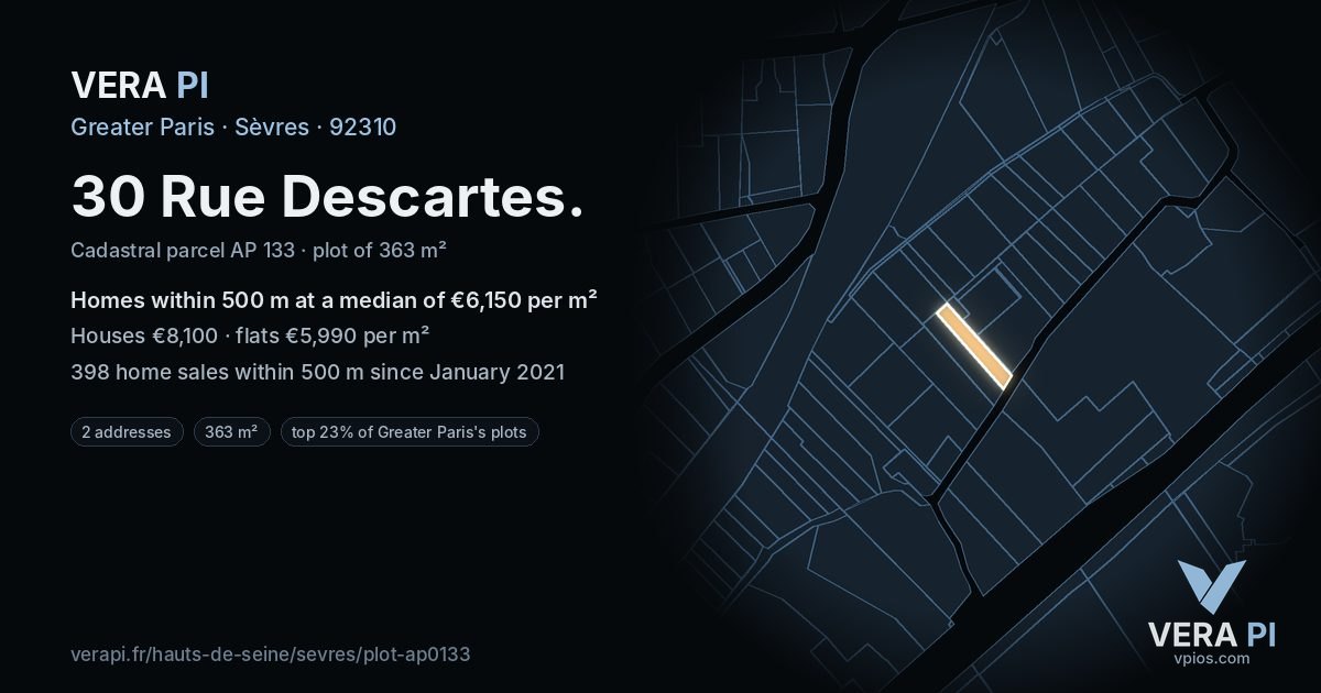 30 Rue Descartes, Sèvres at night – the plot lit, the parcels around coloured by the prices near them
