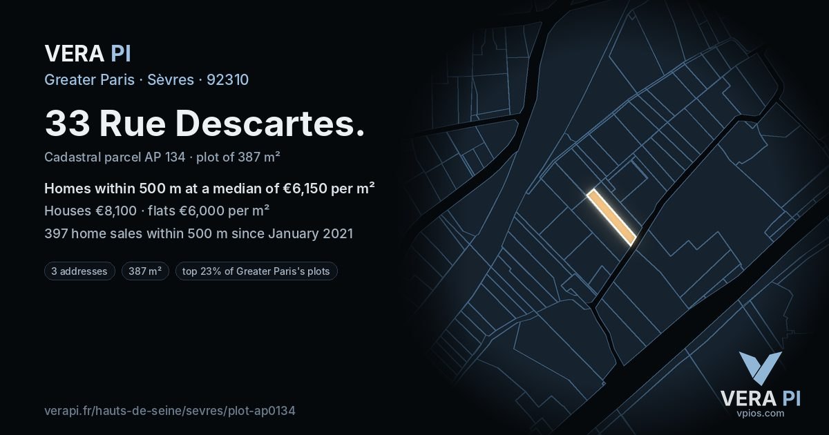 33 Rue Descartes, Sèvres at night – the plot lit, the parcels around coloured by the prices near them