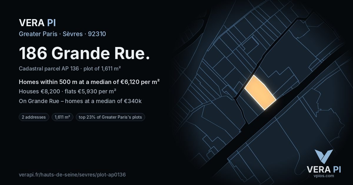 186 Grande Rue, Sèvres at night – the plot lit, the parcels around coloured by the prices near them