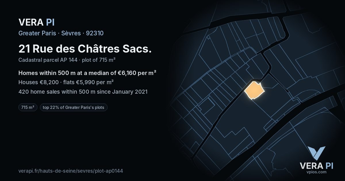 21 Rue des Châtres Sacs, Sèvres at night – the plot lit, the parcels around coloured by the prices near them