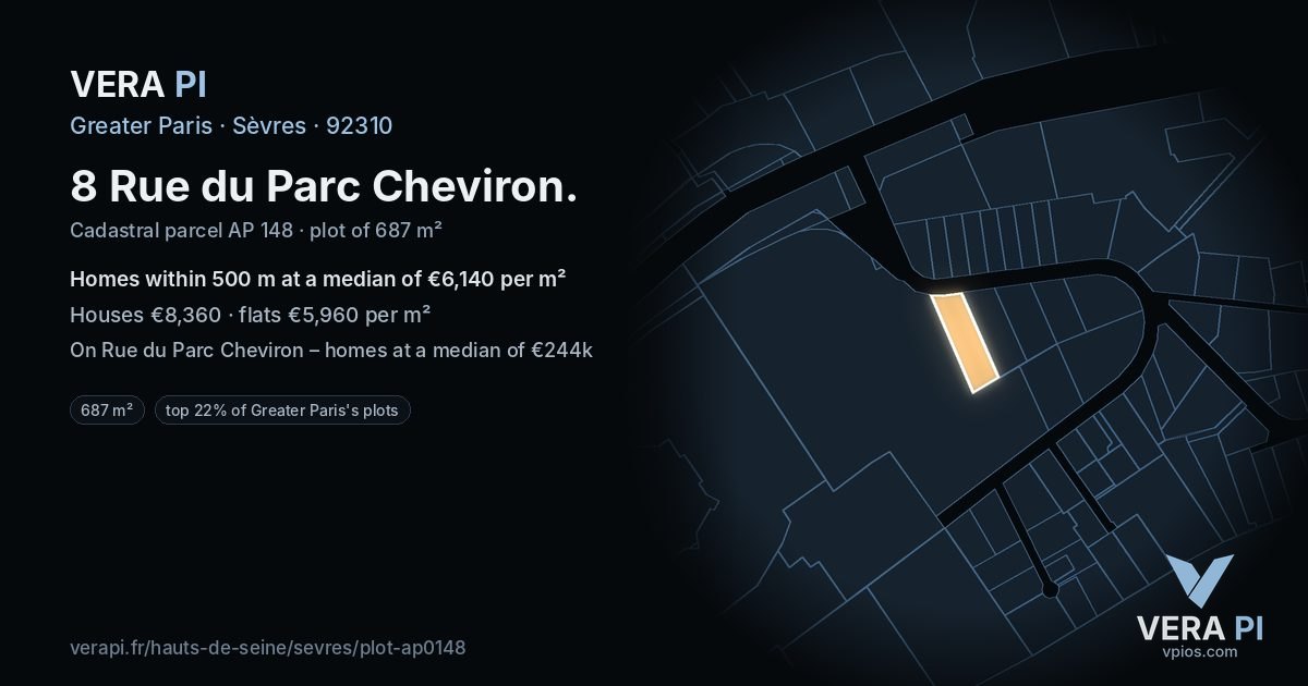 8 Rue du Parc Cheviron, Sèvres at night – the plot lit, the parcels around coloured by the prices near them
