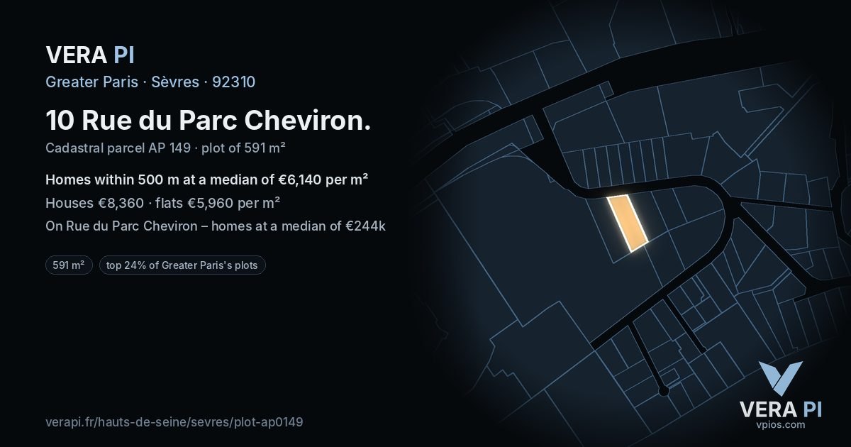 10 Rue du Parc Cheviron, Sèvres at night – the plot lit, the parcels around coloured by the prices near them