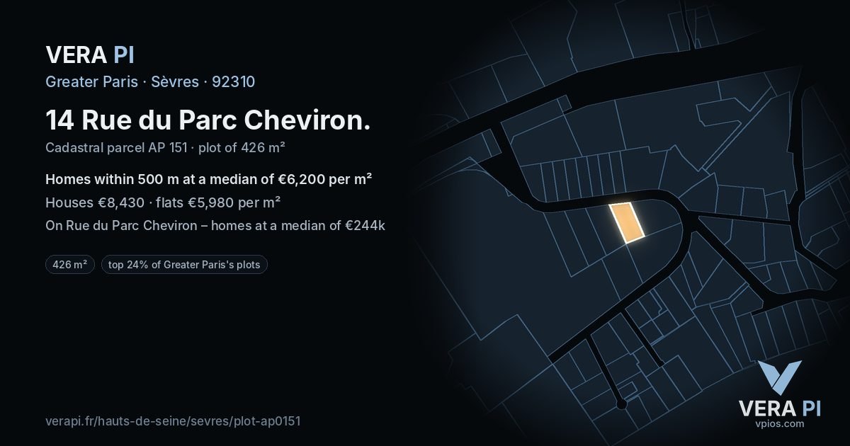 14 Rue du Parc Cheviron, Sèvres at night – the plot lit, the parcels around coloured by the prices near them