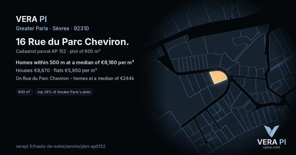 16 Rue du Parc Cheviron, Sèvres at night – the plot lit, the parcels around coloured by the prices near them