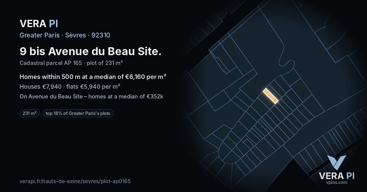 9 bis Avenue du Beau Site, Sèvres at night – the plot lit, the parcels around coloured by the prices near them