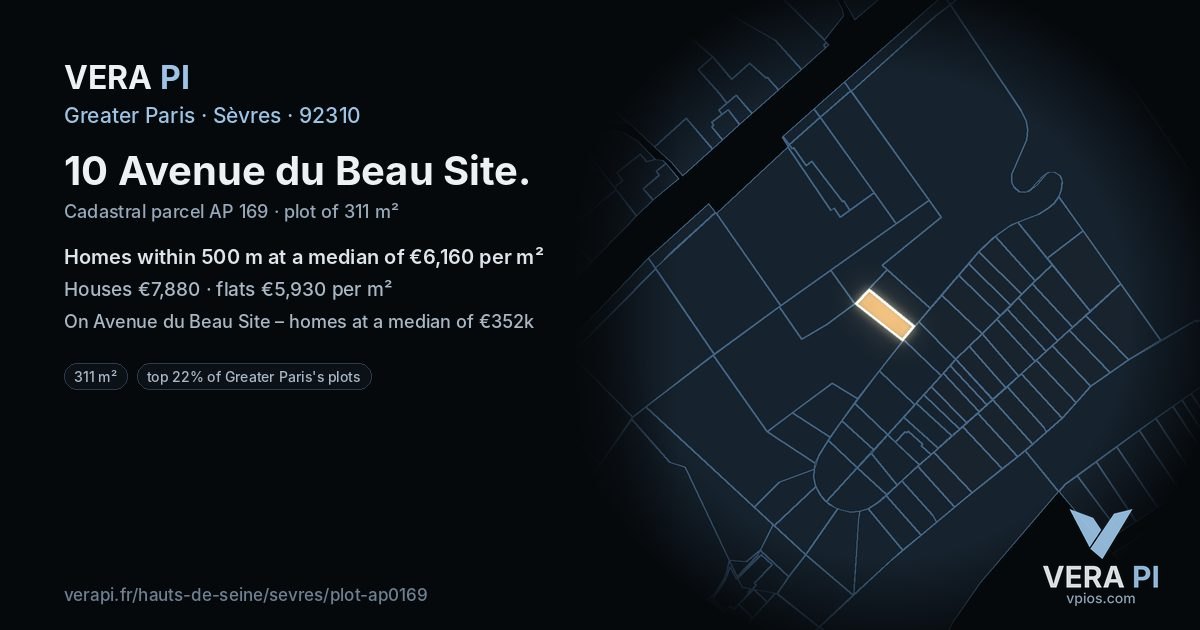 10 Avenue du Beau Site, Sèvres at night – the plot lit, the parcels around coloured by the prices near them