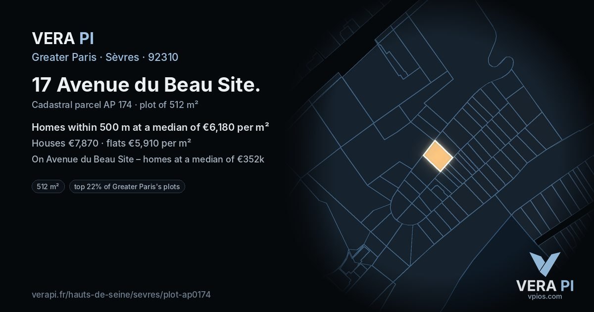 17 Avenue du Beau Site, Sèvres at night – the plot lit, the parcels around coloured by the prices near them