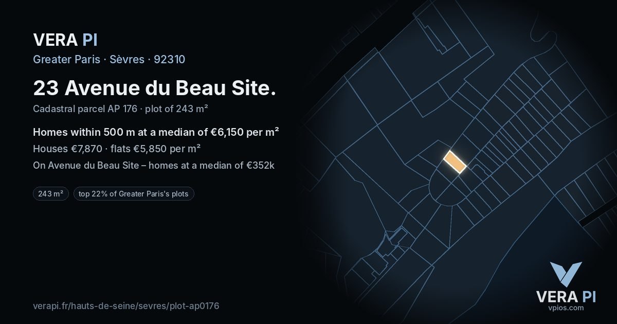 23 Avenue du Beau Site, Sèvres at night – the plot lit, the parcels around coloured by the prices near them