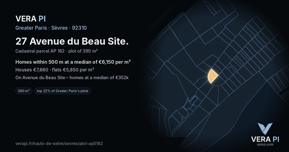 27 Avenue du Beau Site, Sèvres at night – the plot lit, the parcels around coloured by the prices near them