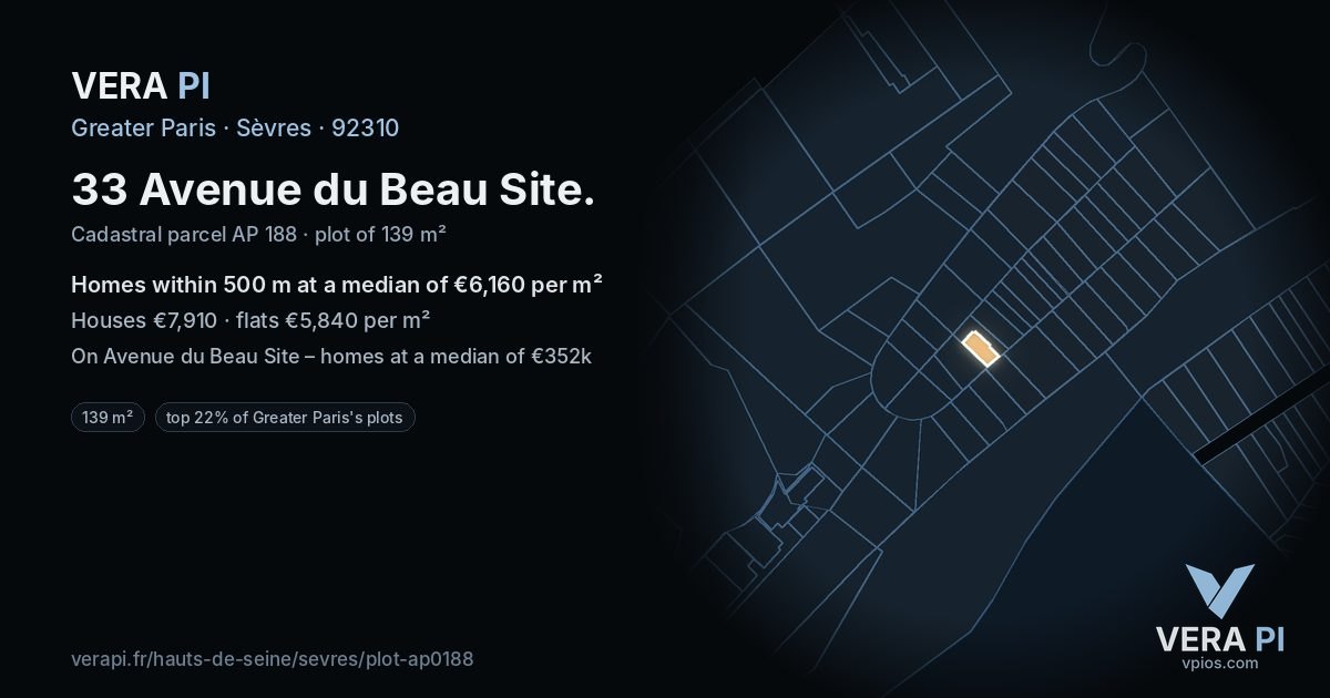 33 Avenue du Beau Site, Sèvres at night – the plot lit, the parcels around coloured by the prices near them