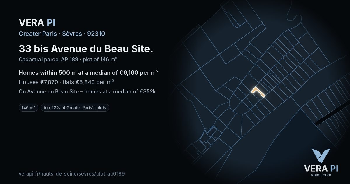 33 bis Avenue du Beau Site, Sèvres at night – the plot lit, the parcels around coloured by the prices near them