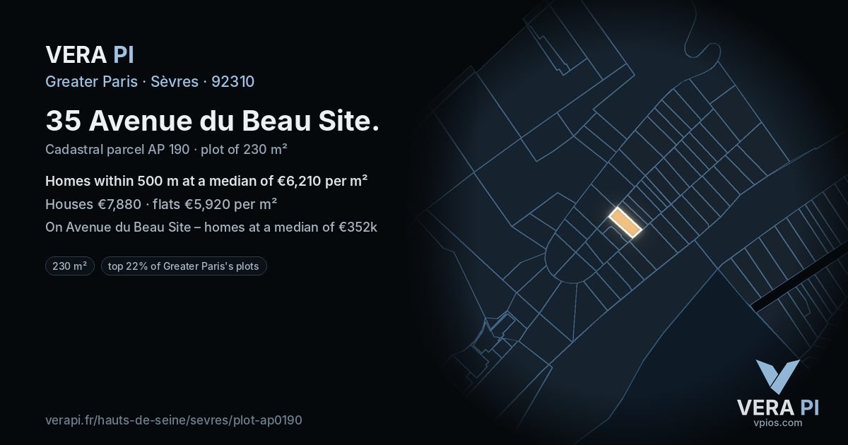 35 Avenue du Beau Site, Sèvres at night – the plot lit, the parcels around coloured by the prices near them