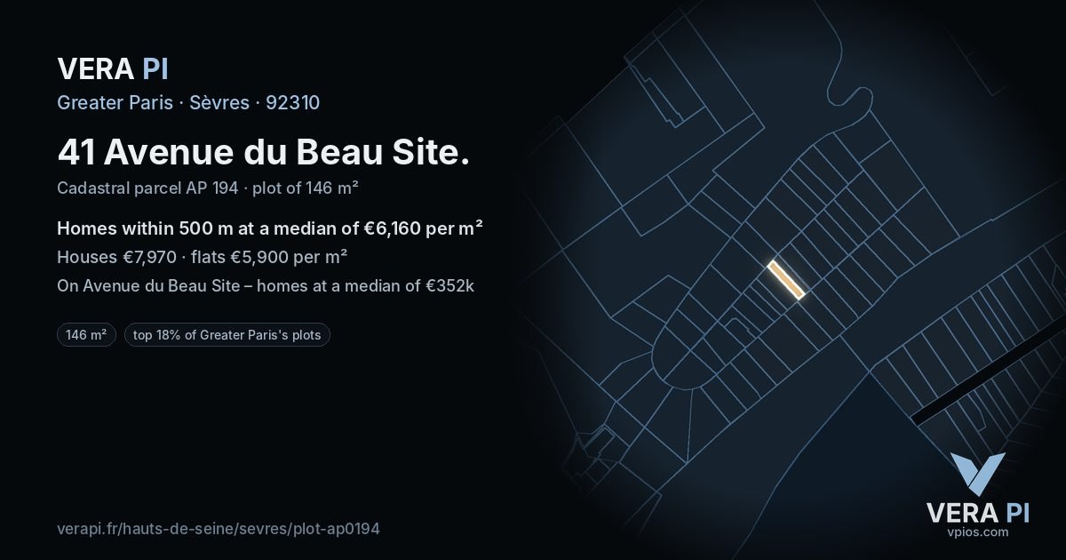41 Avenue du Beau Site, Sèvres at night – the plot lit, the parcels around coloured by the prices near them