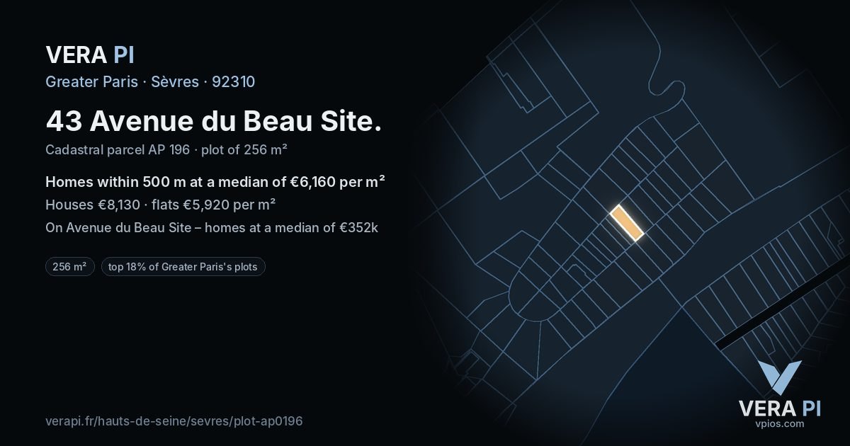 43 Avenue du Beau Site, Sèvres at night – the plot lit, the parcels around coloured by the prices near them