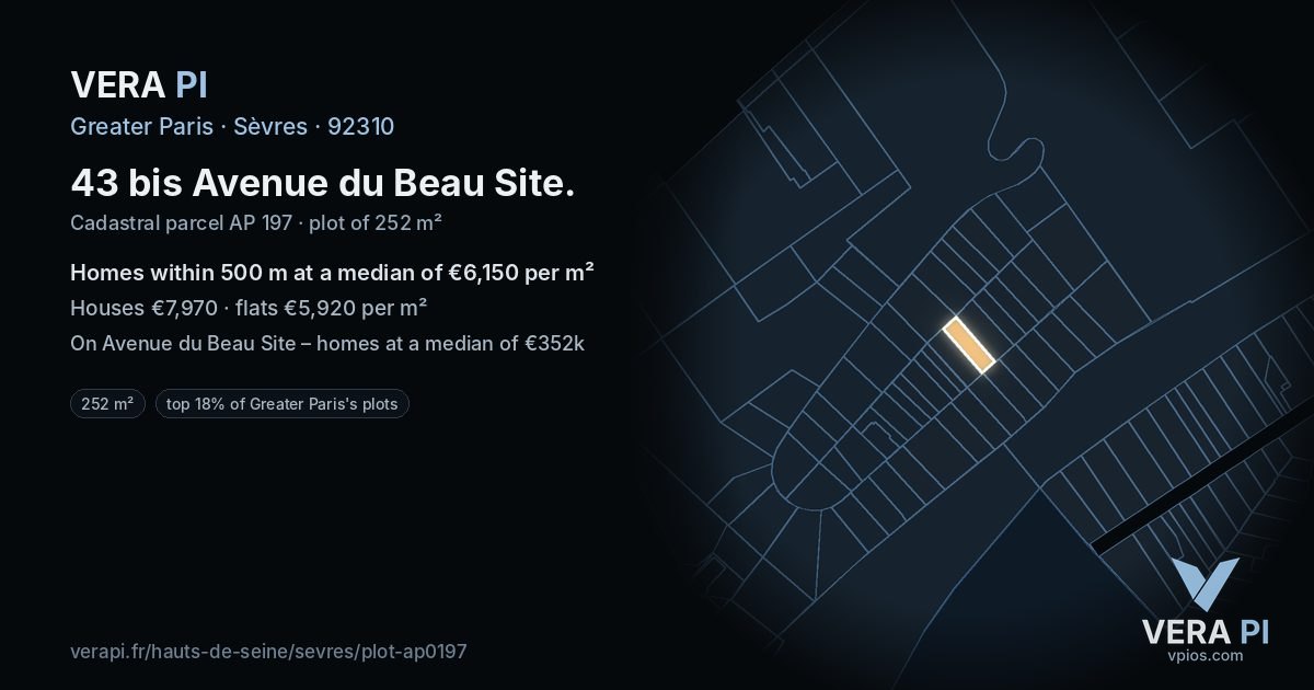 43 bis Avenue du Beau Site, Sèvres at night – the plot lit, the parcels around coloured by the prices near them