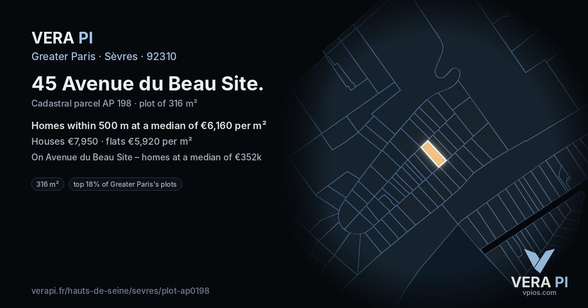 45 Avenue du Beau Site, Sèvres at night – the plot lit, the parcels around coloured by the prices near them