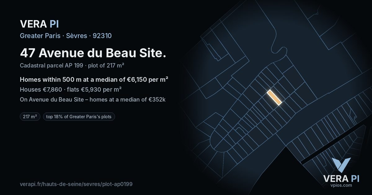 47 Avenue du Beau Site, Sèvres at night – the plot lit, the parcels around coloured by the prices near them