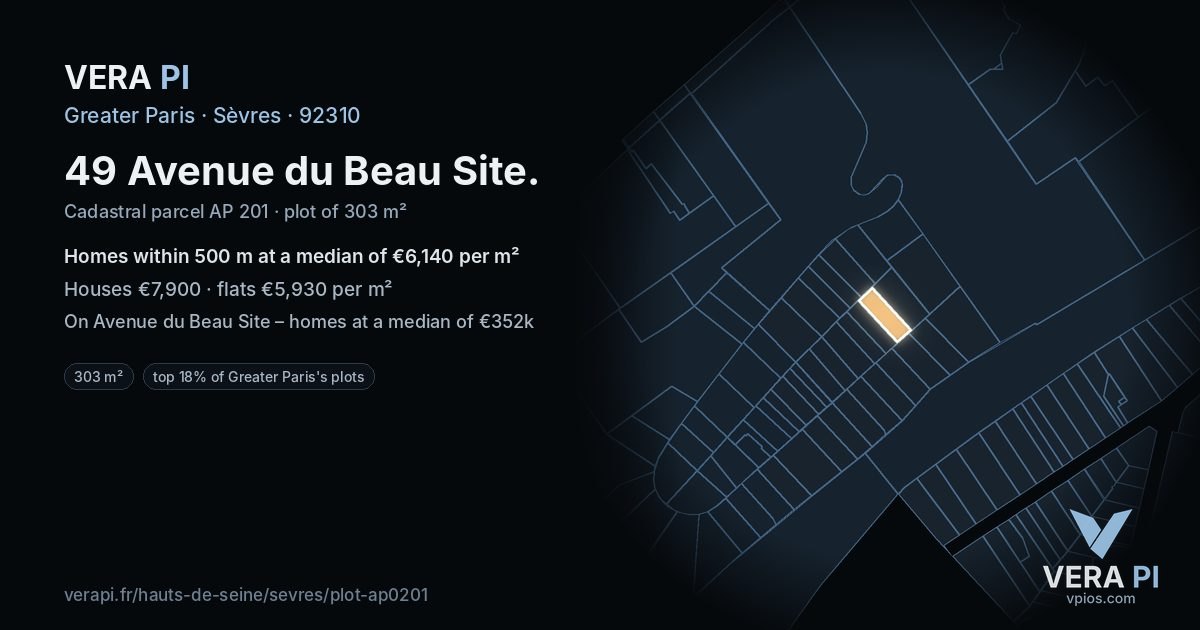 49 Avenue du Beau Site, Sèvres at night – the plot lit, the parcels around coloured by the prices near them