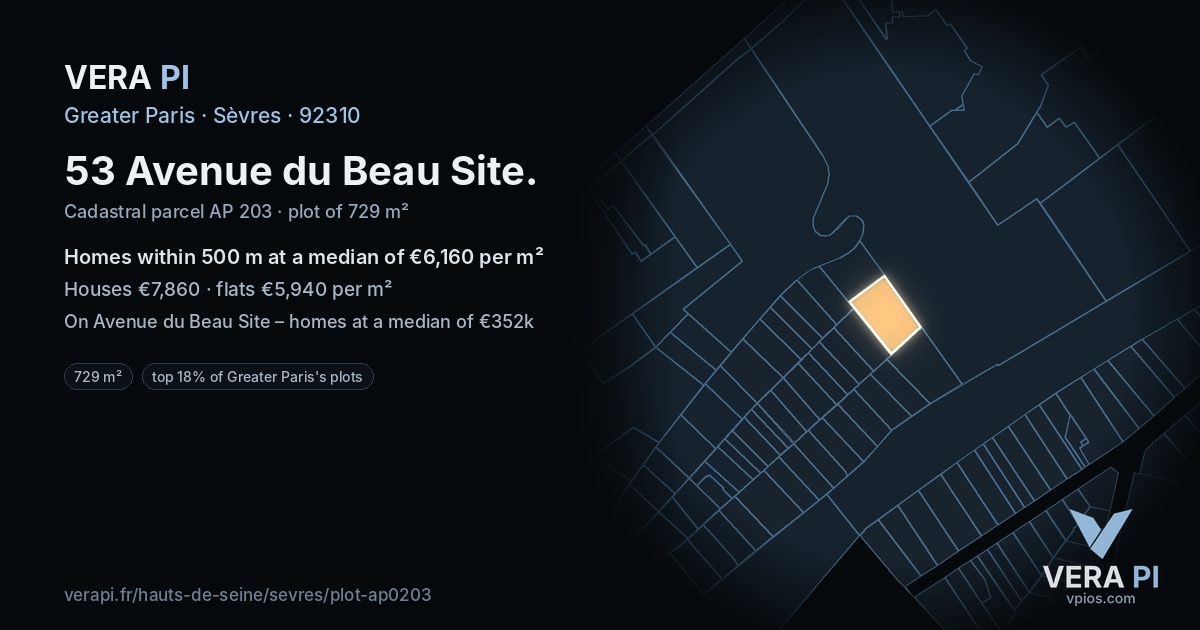53 Avenue du Beau Site, Sèvres at night – the plot lit, the parcels around coloured by the prices near them