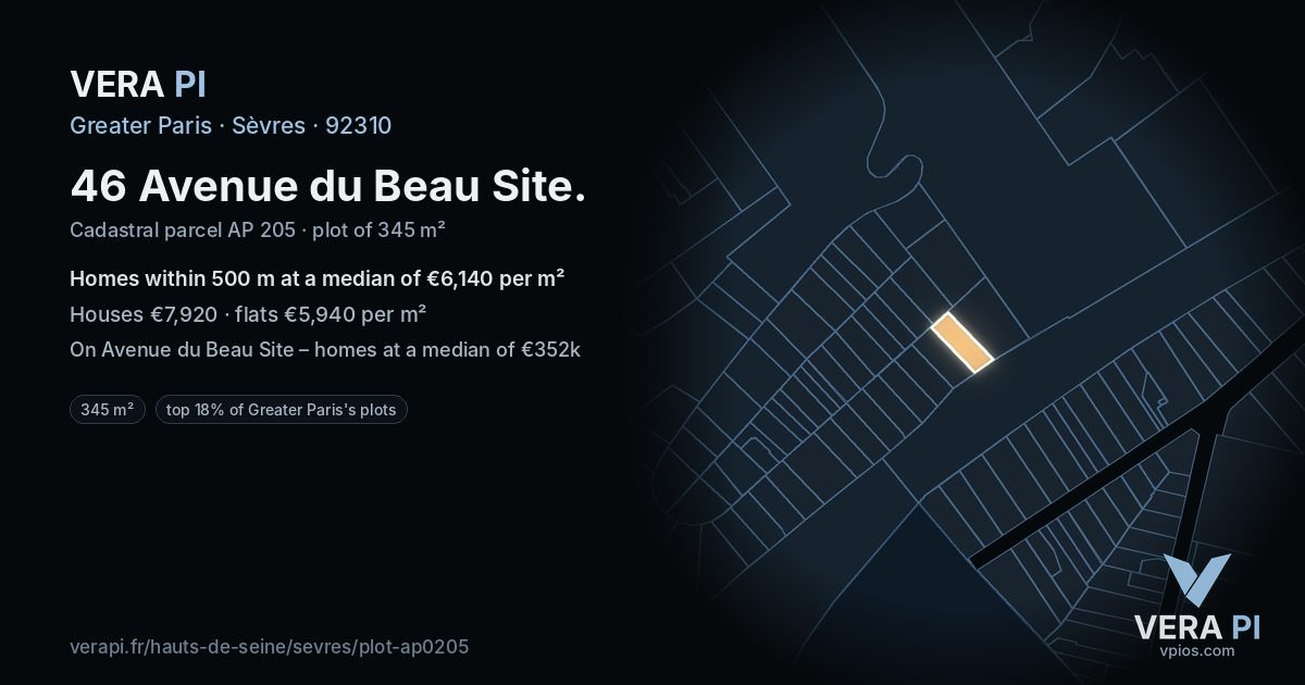 46 Avenue du Beau Site, Sèvres at night – the plot lit, the parcels around coloured by the prices near them