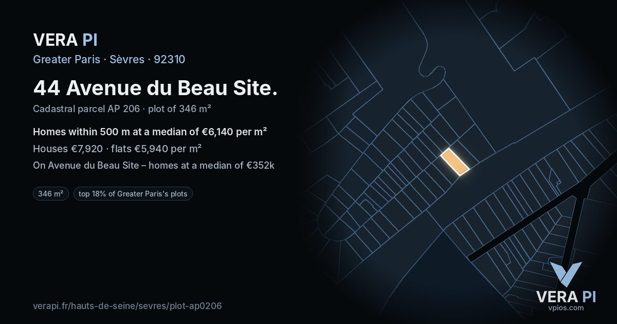 44 Avenue du Beau Site, Sèvres at night – the plot lit, the parcels around coloured by the prices near them