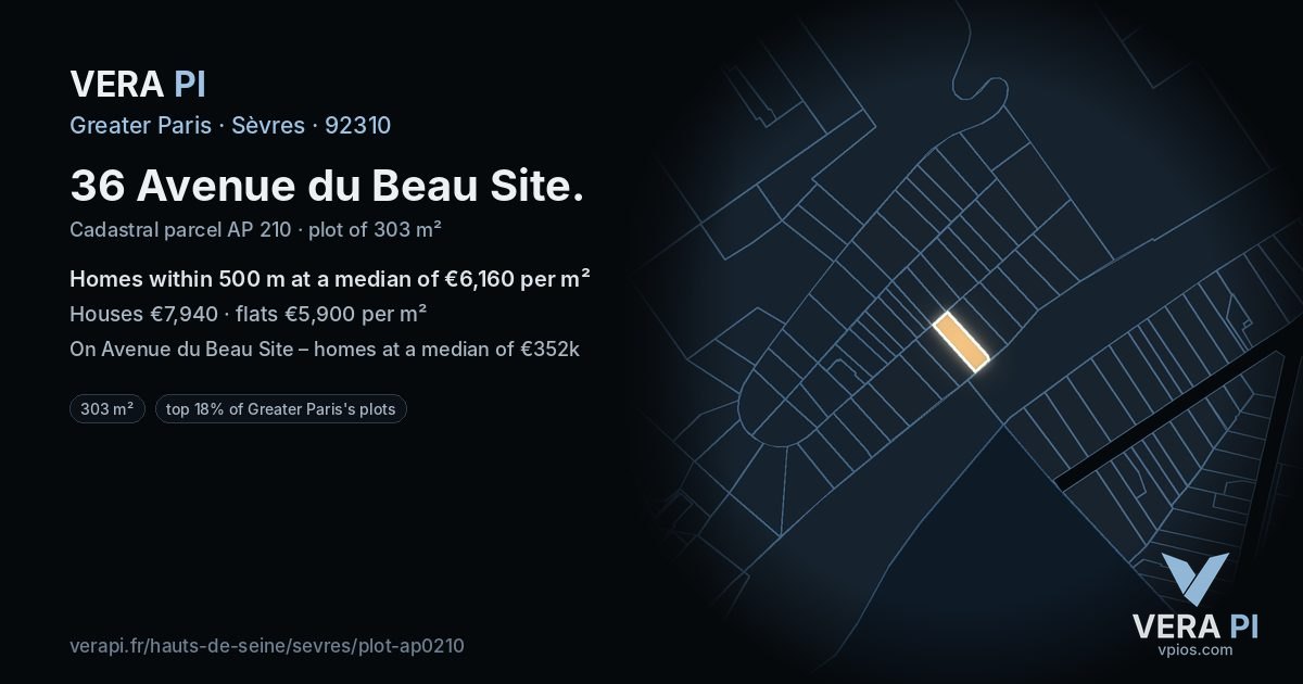 36 Avenue du Beau Site, Sèvres at night – the plot lit, the parcels around coloured by the prices near them