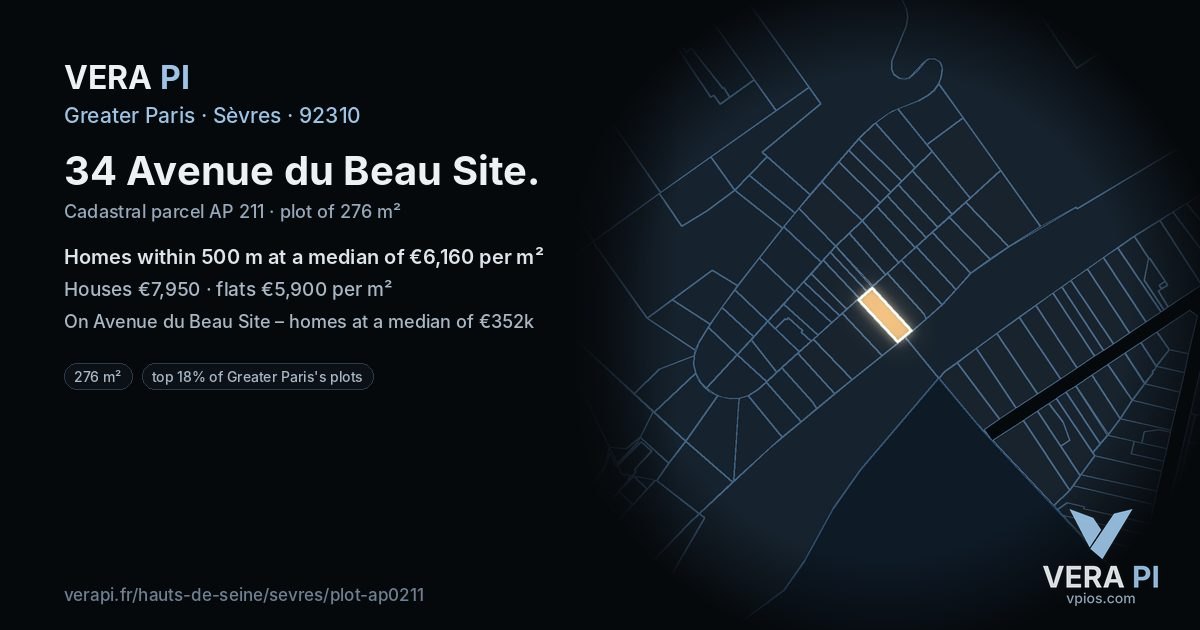 34 Avenue du Beau Site, Sèvres at night – the plot lit, the parcels around coloured by the prices near them