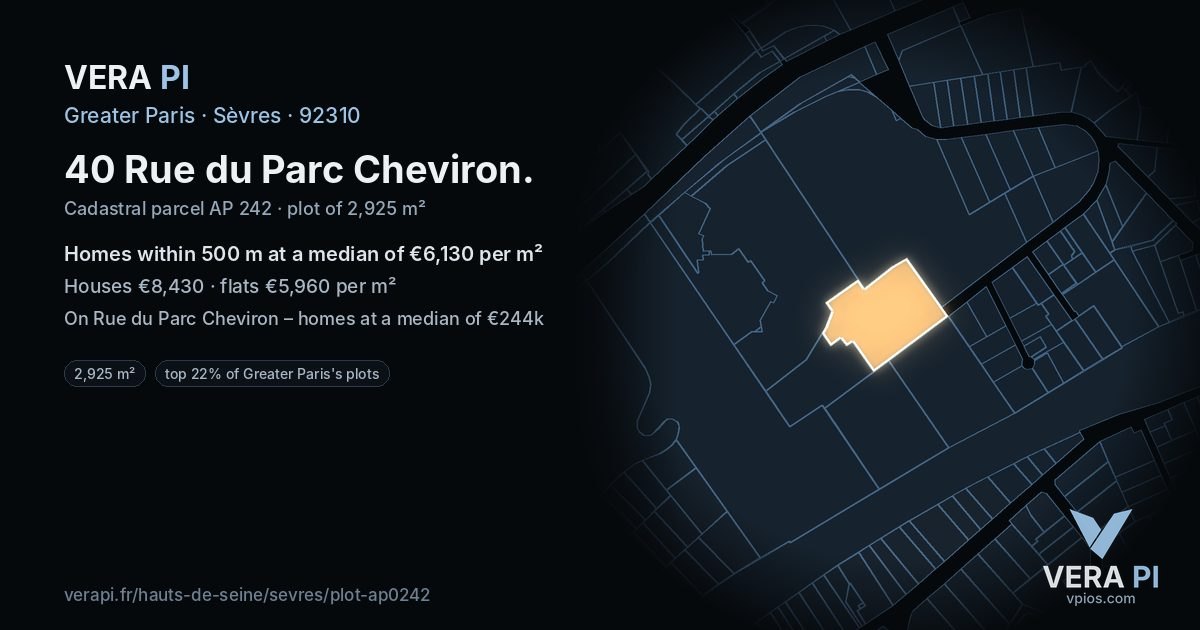 40 Rue du Parc Cheviron, Sèvres at night – the plot lit, the parcels around coloured by the prices near them