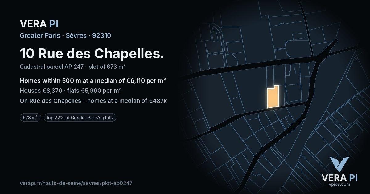 10 Rue des Chapelles, Sèvres at night – the plot lit, the parcels around coloured by the prices near them