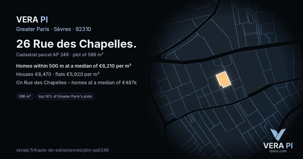 26 Rue des Chapelles, Sèvres at night – the plot lit, the parcels around coloured by the prices near them