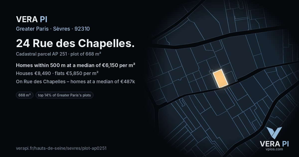 24 Rue des Chapelles, Sèvres at night – the plot lit, the parcels around coloured by the prices near them