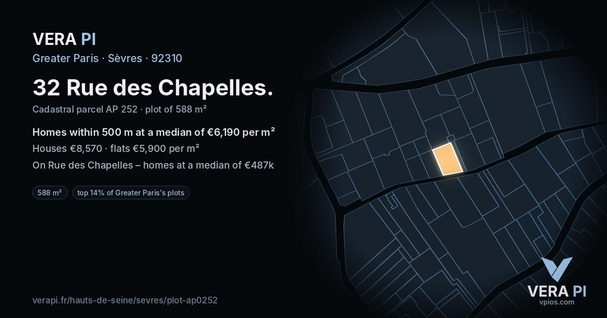 32 Rue des Chapelles, Sèvres at night – the plot lit, the parcels around coloured by the prices near them