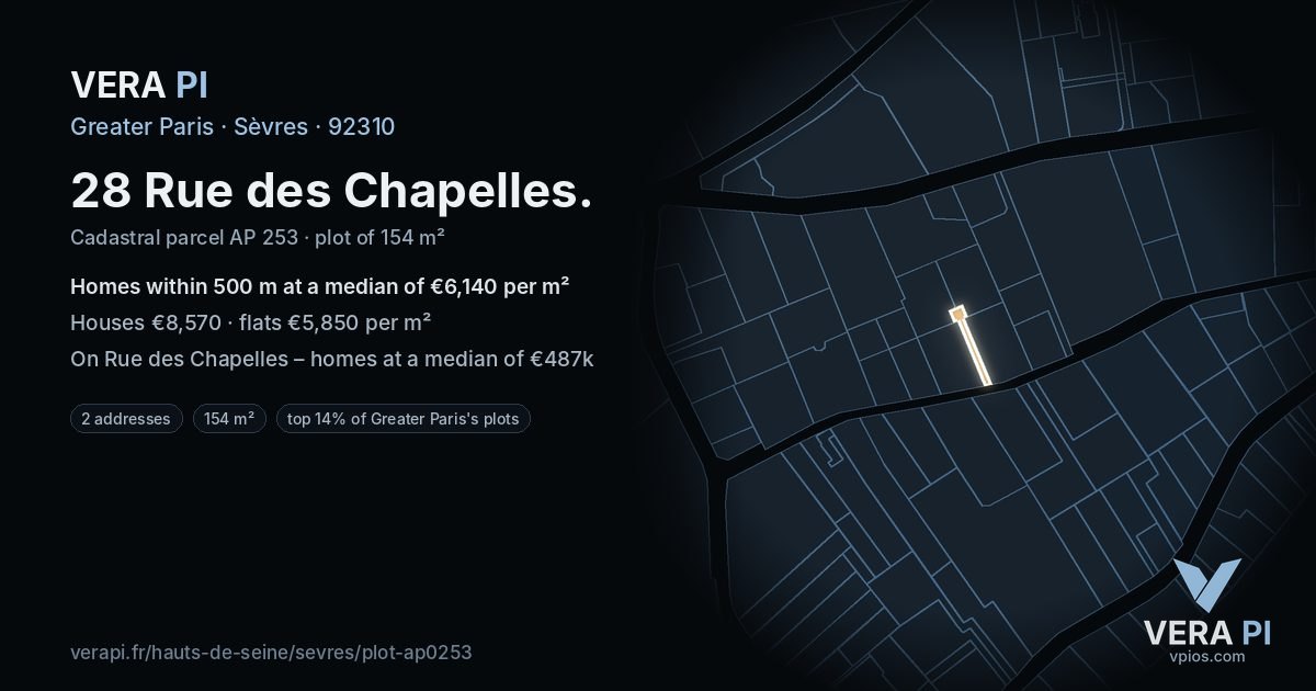 28 Rue des Chapelles, Sèvres at night – the plot lit, the parcels around coloured by the prices near them