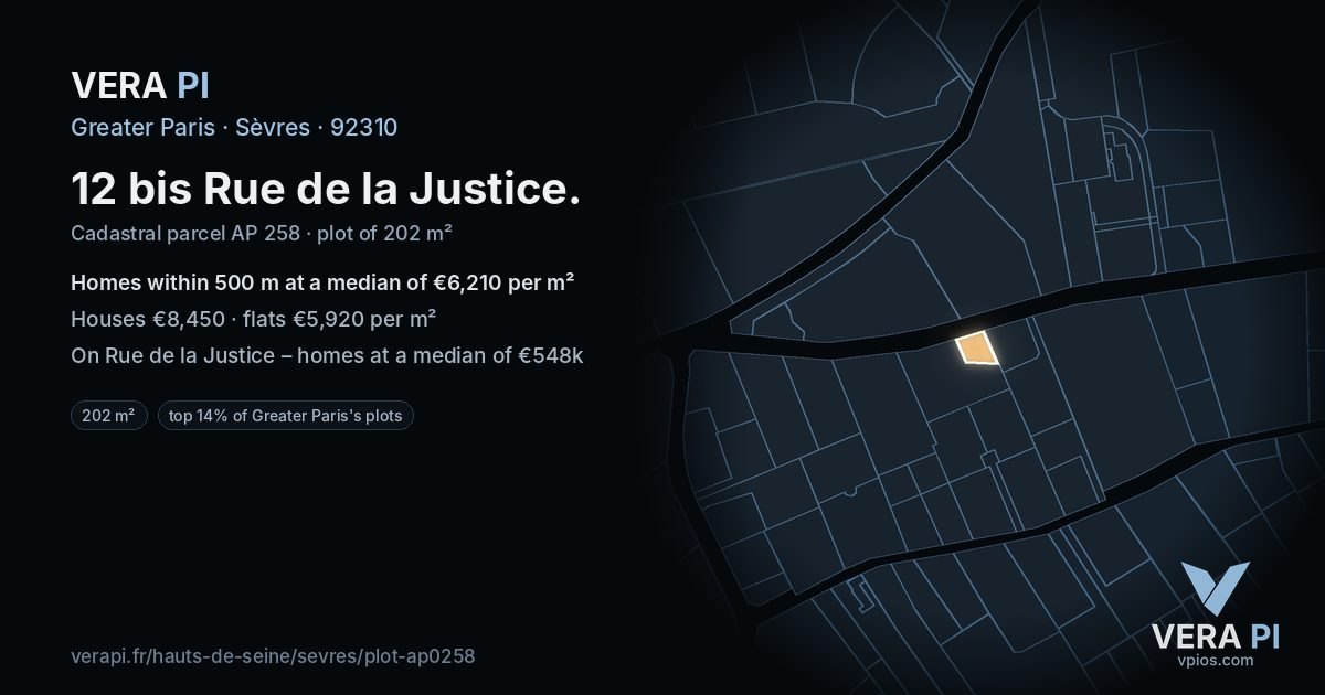 12 bis Rue de la Justice, Sèvres at night – the plot lit, the parcels around coloured by the prices near them