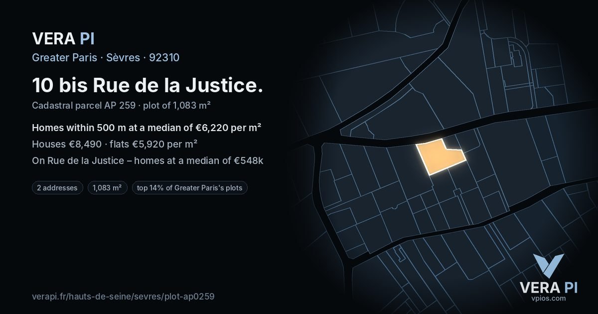 10 bis Rue de la Justice, Sèvres at night – the plot lit, the parcels around coloured by the prices near them