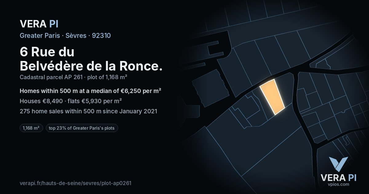 6 Rue du Belvédère de la Ronce, Sèvres at night – the plot lit, the parcels around coloured by the prices near them