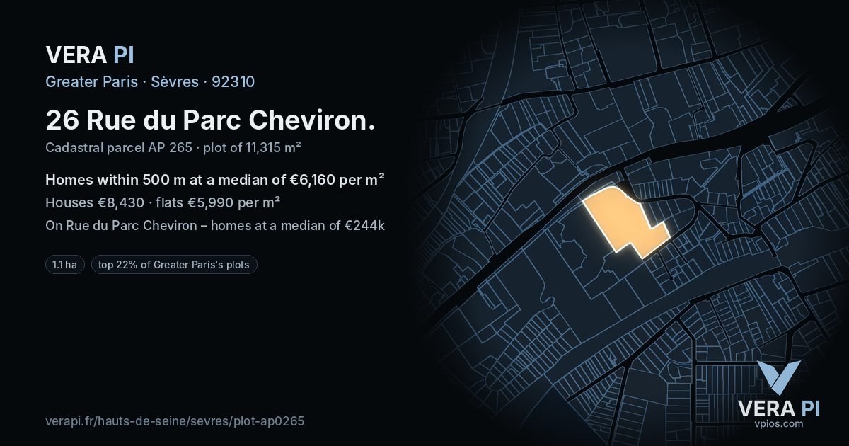 26 Rue du Parc Cheviron, Sèvres at night – the plot lit, the parcels around coloured by the prices near them
