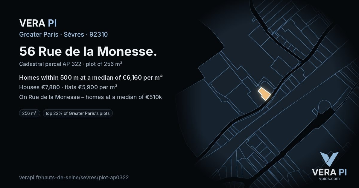 56 Rue de la Monesse, Sèvres at night – the plot lit, the parcels around coloured by the prices near them
