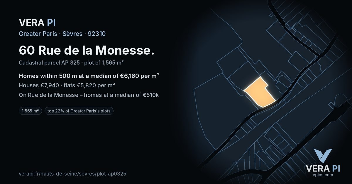 60 Rue de la Monesse, Sèvres at night – the plot lit, the parcels around coloured by the prices near them