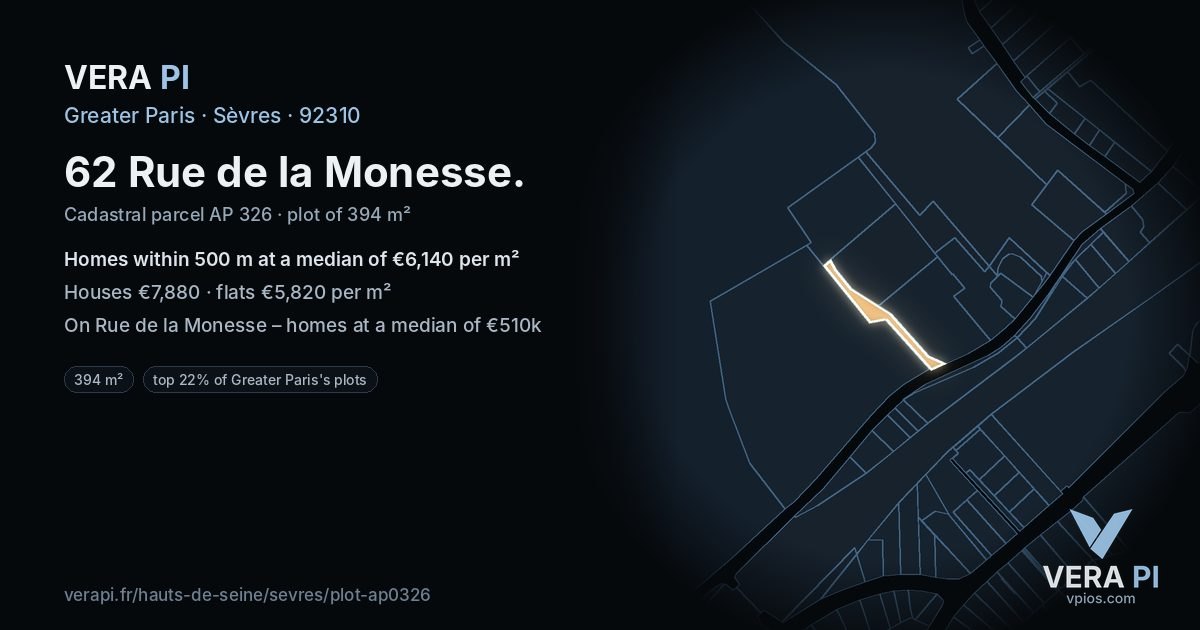 62 Rue de la Monesse, Sèvres at night – the plot lit, the parcels around coloured by the prices near them