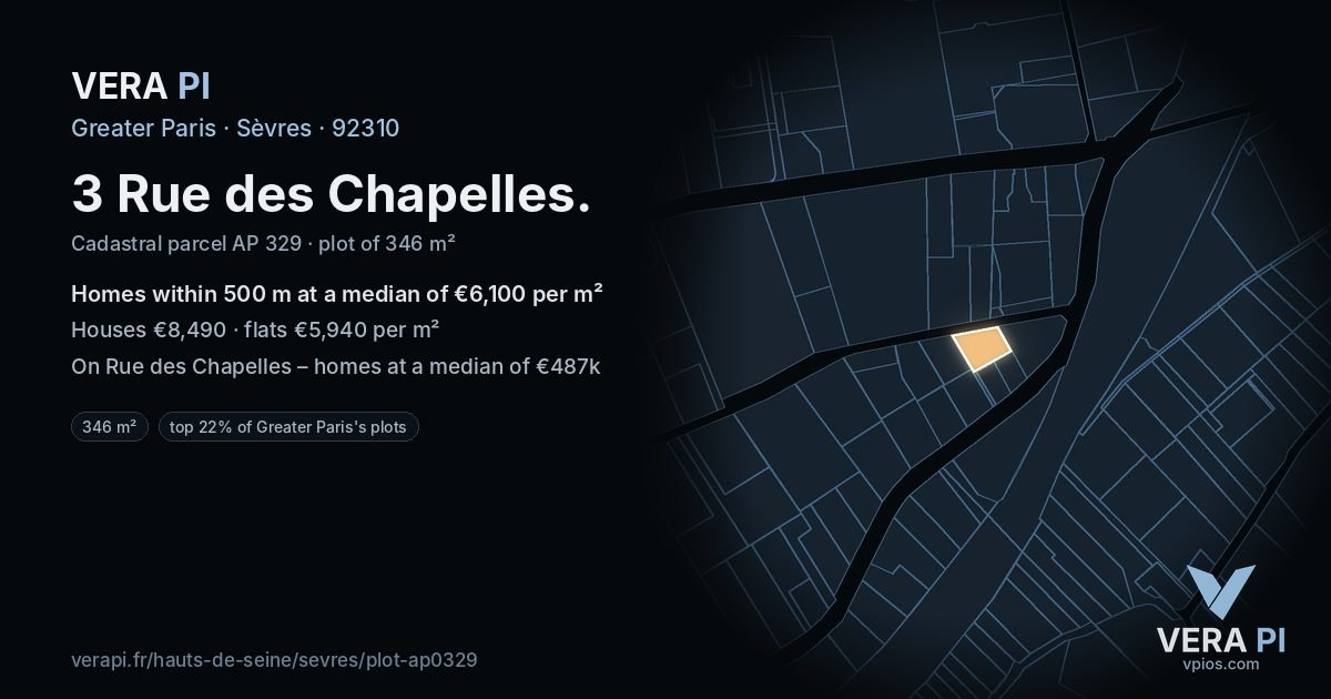 3 Rue des Chapelles, Sèvres at night – the plot lit, the parcels around coloured by the prices near them