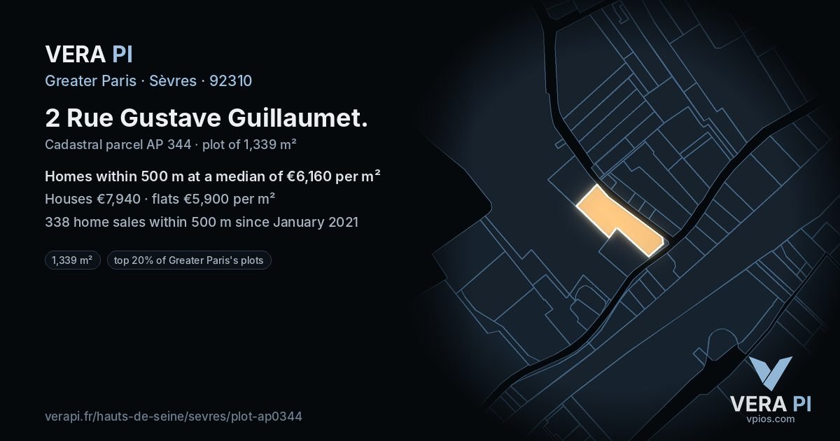 2 Rue Gustave Guillaumet, Sèvres at night – the plot lit, the parcels around coloured by the prices near them
