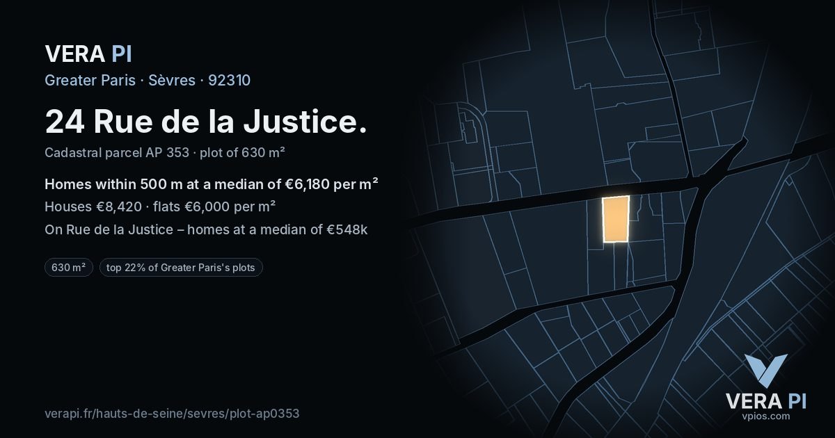 24 Rue de la Justice, Sèvres at night – the plot lit, the parcels around coloured by the prices near them