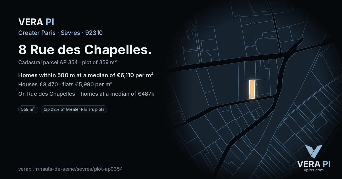 8 Rue des Chapelles, Sèvres at night – the plot lit, the parcels around coloured by the prices near them