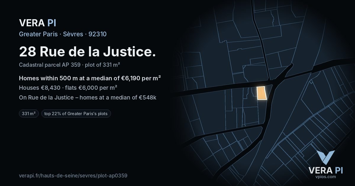 28 Rue de la Justice, Sèvres at night – the plot lit, the parcels around coloured by the prices near them