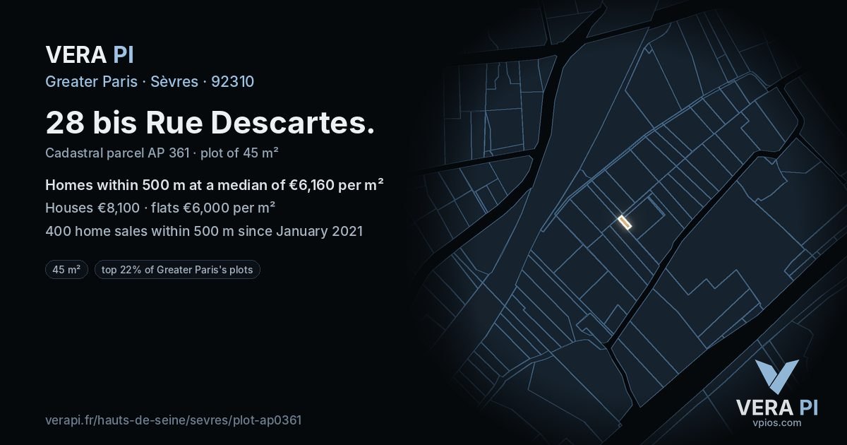 28 bis Rue Descartes, Sèvres at night – the plot lit, the parcels around coloured by the prices near them