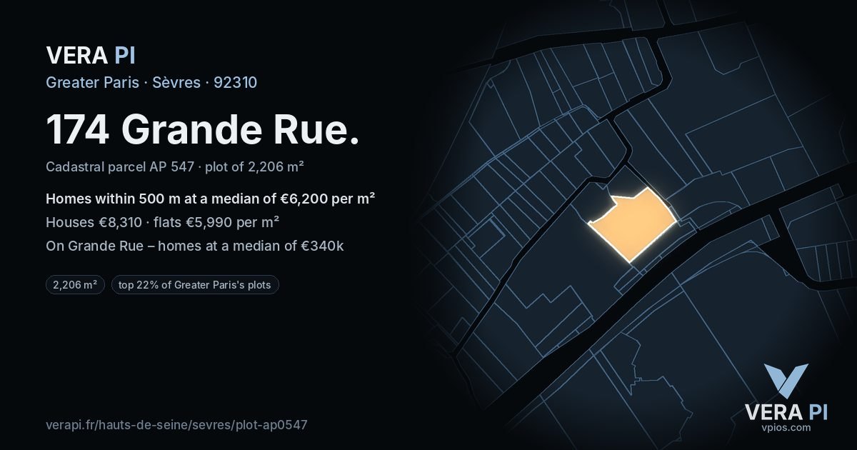 174 Grande Rue, Sèvres at night – the plot lit, the parcels around coloured by the prices near them