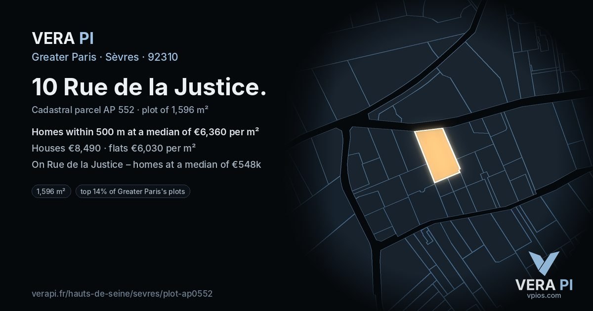 10 Rue de la Justice, Sèvres at night – the plot lit, the parcels around coloured by the prices near them