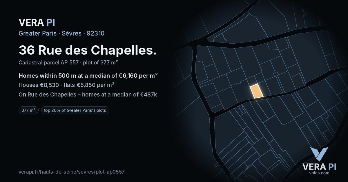 36 Rue des Chapelles, Sèvres at night – the plot lit, the parcels around coloured by the prices near them